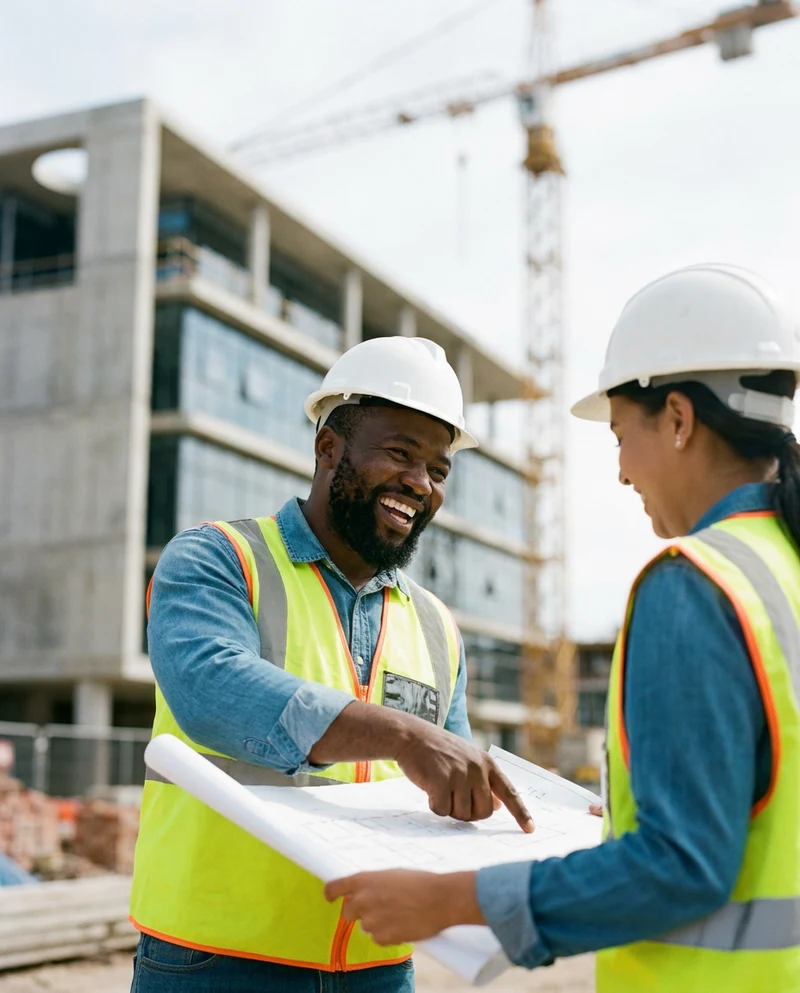 Construction professionals in hard hats reviewing plans on a site