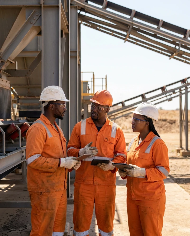 A mining crew in high-visibility gear at a processing plant