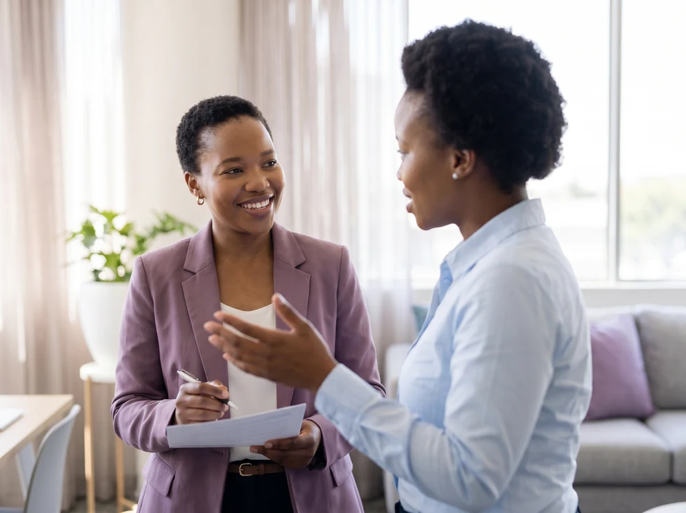 Two HR Consult consultants in discussion across a desk in a bright, modern office